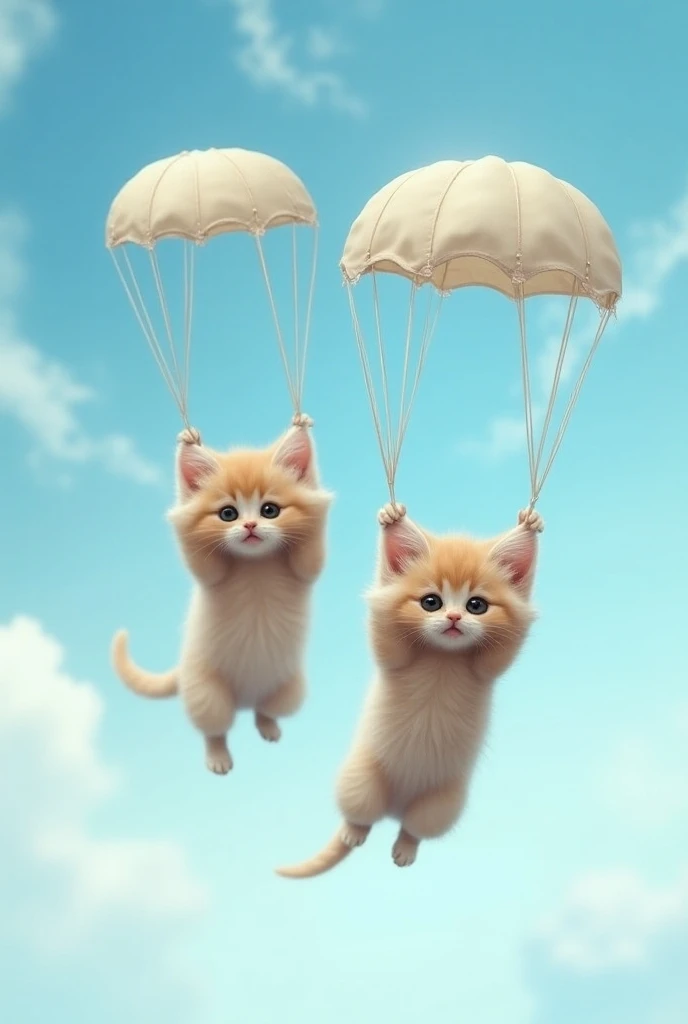 Two kittens parachuting from an airplane 