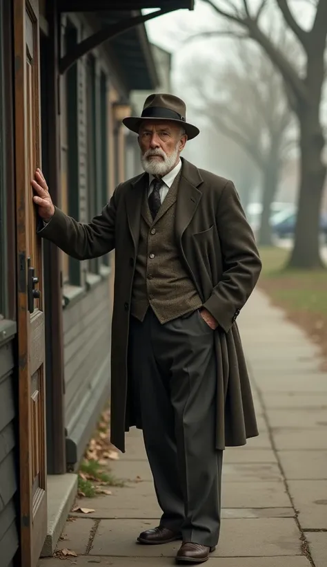 Mature man knocking on doors looking for opportunities in the 1900s