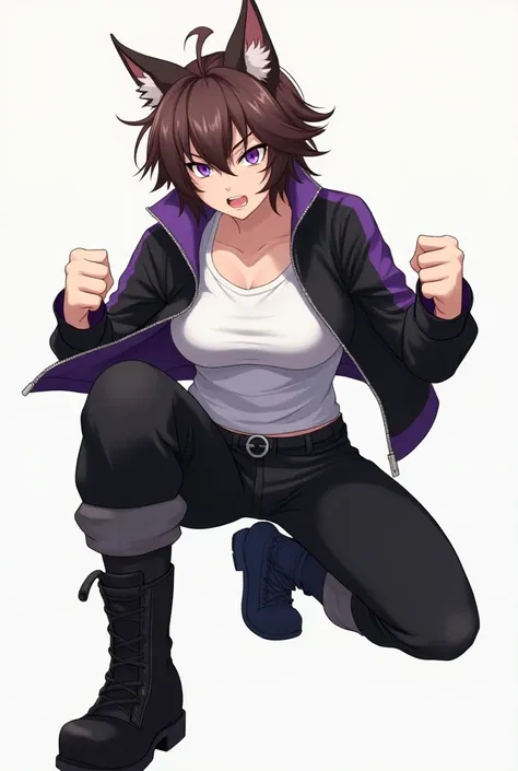 Anime grown woman short brown hair, brown dog ears,  white shirt, black purple clothing zip up jacket,black boots, angry, purple eys, pants, martial arts stance