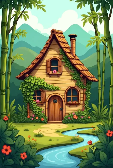 Make me a wooden and bamboo house cartoon