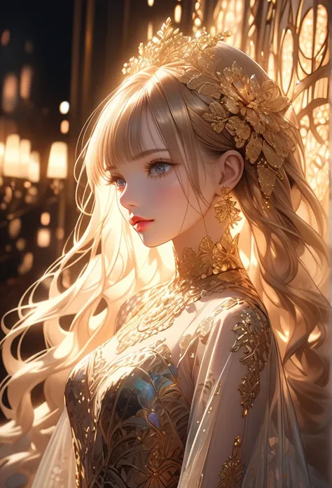 a beautiful detailed girl with long golden hair, detailed lace jewelry, detailed dress, warm glowing light, extremely detailed, 8k, high resolution, photorealistic, detailed face, beautiful eyes, beautiful lips, detailed body, intricate details, masterpiec...