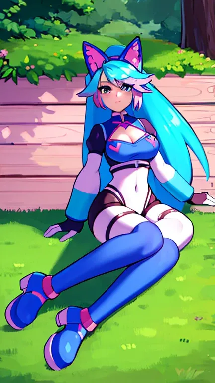 {{masterpiece, ultra-high quality, ultra detailed,}} 1girl, Silvervale, Vtuber, Wolf girl, Pastel blue and pink hair, happy expresion, , Relaxing in a park, professional art, Reploid, robot girl, Safe for Work, 