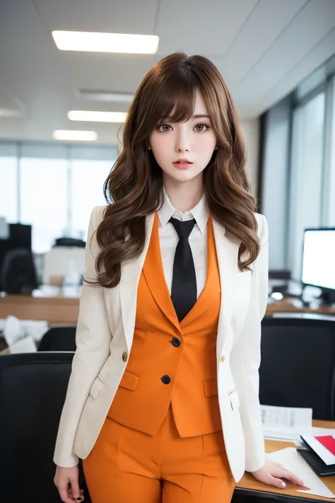 Realistic, real person, (pale skin: 1.2),RAW photo, photorealistic, shiny skin, shiny hair、(27 year old woman with medium hair with bangs) and (wavy hair) and (brown hair) and (orange eyes) ,(Business suit:1.5)and(white collared shirt),(surprised),The back...