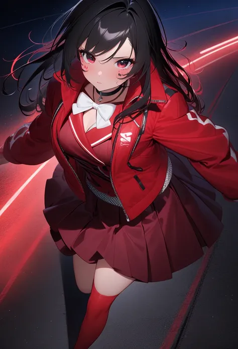 masterpiece,  Best Quality ,,  Maruzinski (Uma Musume),,  red stockings , Red Jacket, Pleated Skirt,  red dress , Long sleeve, choker,  red shirt , Open the jacket ,  white bow , Open clothes, High heel boots, Asphalt Road , running, Eye marks , Night Sky,...