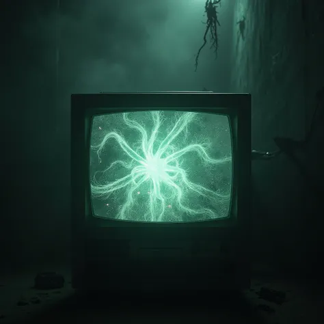 TV with static , front view. horror,  supernatural , 2005, Very epic scene, Horrific , spectral, Lots of tentacles coming out of the screen, weird