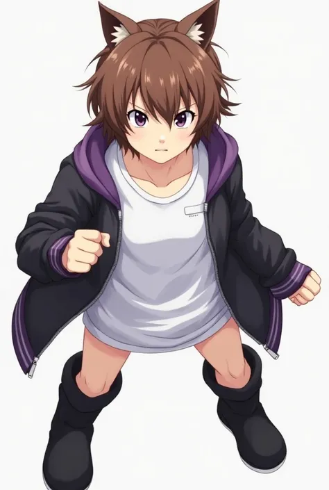 Anime tall teen short brown hair, brown dog ears,  white shirt, black purple clothing zip up jacket,black boots, angry, purple eys, pants, martial arts stance