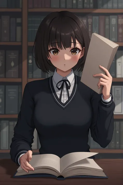 A student in a back uniform who lifts an open book with one arm