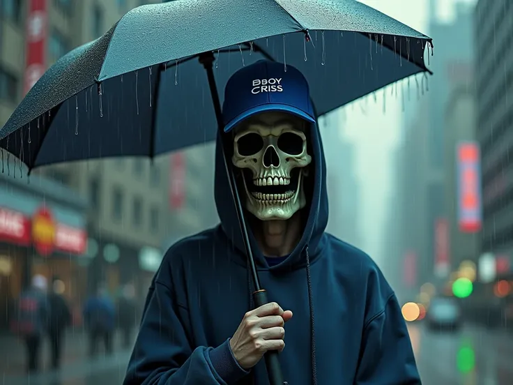 Um man with the face of a skull with a blue cap that says BBOY CRISS and who holds an umbrella covered in rain and wears sneakers and nikes blazer and in the background you can see the city 