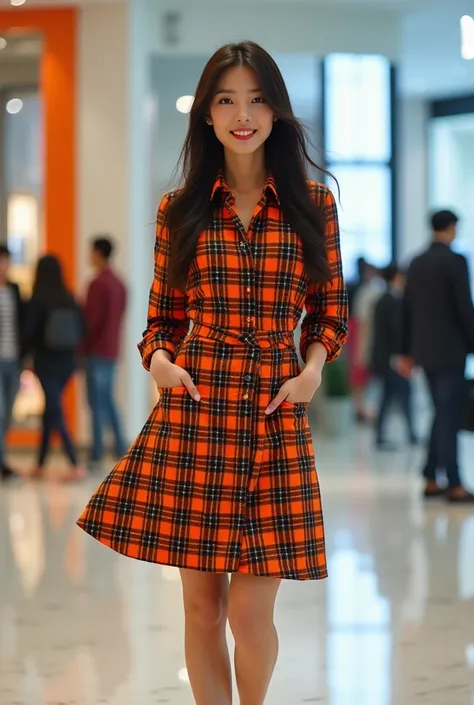  Hyper smooth realistic details photo graphy a beautiful Asian woman wears a cotton knee-length dress in black orange box pattern, dg collar on the neck .  Long bushy hair straight to the waist . High heel orange  .smiling looking at the camera. The settin...