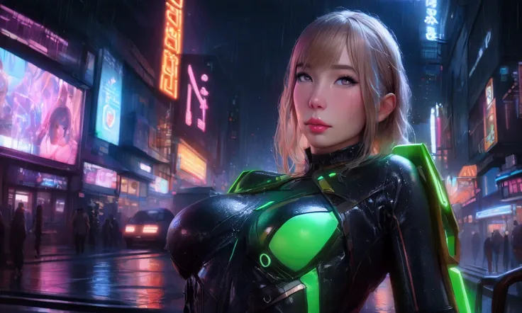 a cute woman in tron world,1girl,detailed face,beautiful detailed eyes,beautiful detailed lips,extremely detailed eyes and face,longeyelashes,green neon high light sexy body suit,hurrying to a blue neon building,on a tron neon lit street at night,busy tron...