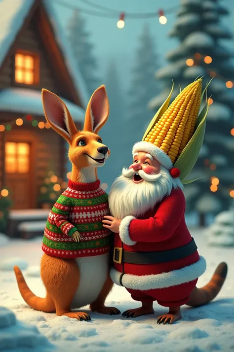 a kangaroo, A Santa Claus and an ear of corn 