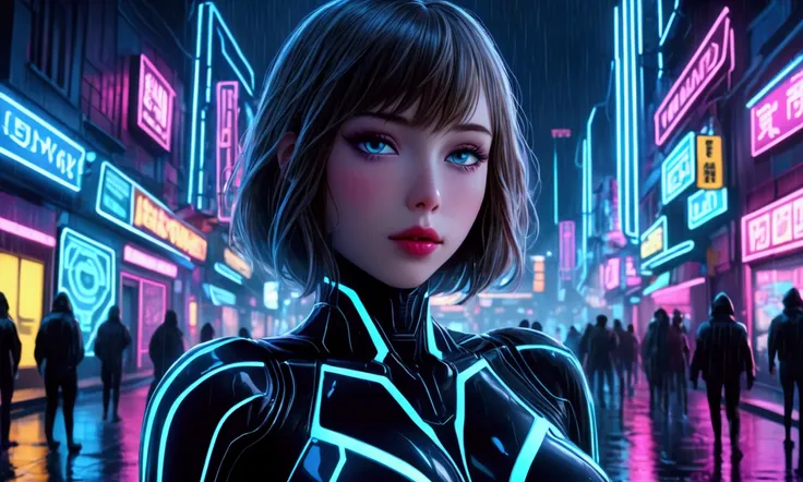 a cute woman in tron world,1girl,detailed face,beautiful detailed eyes,beautiful detailed lips,extremely detailed eyes and face,longeyelashes,green neon high light sexy body suit,hurrying to a blue neon building,on a tron neon lit street at night,busy tron...