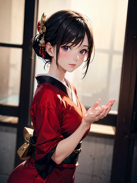 masterpiece, Best Quality,  Hi-Res, one woman,  accurate human body、Five fingers correctly,A woman in a red dress poses for a photo, realistic anime girl rendering, Graceful and charming geisha ,8k, Beautiful woman,Even and soft lighting, Shadows are minim...