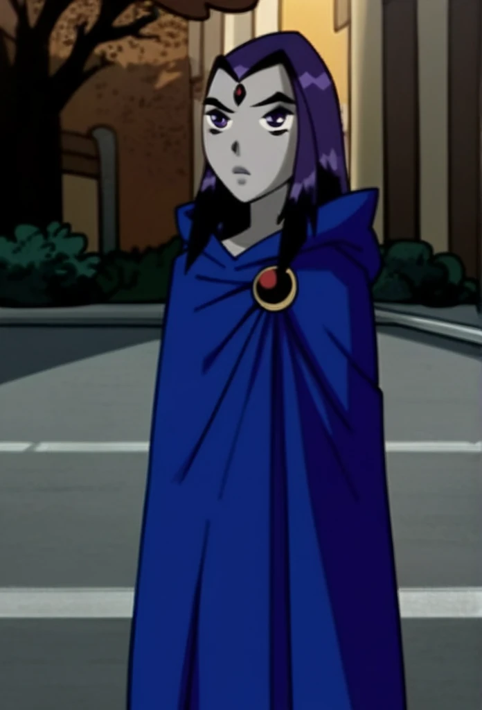 1girl, solo, raven (dc), purple eyes, purple hair, grey skin, forehead jewel, blue cape covering whole body, cape touches the ground. long blue cape, standing, night, park, hood covered head