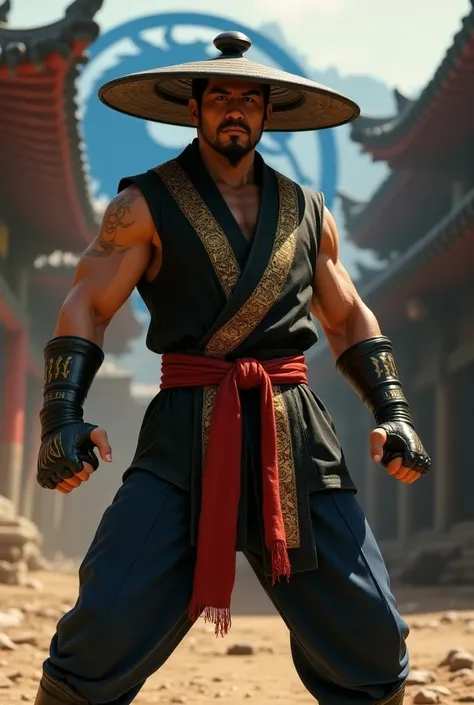   high detail ,   Realistic, HDR,  Super clearly , ,  ,  ultra high resolution,   from the Mortal Kombat movie full size image  ,   Chinese man Kung Lao strict Asian view ,  straight cheekbones  ,  large black flat sombrero hat with a round cap on the top,...