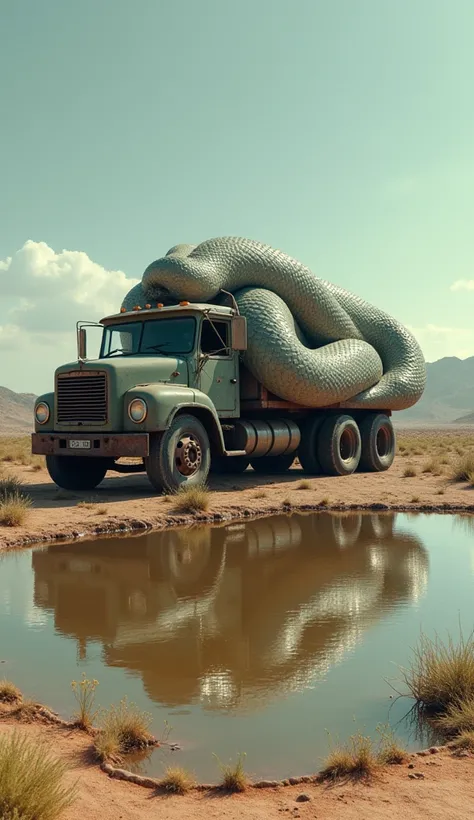 old truck with container covered by Giant anaconda, shiny and smooth skin. truck is falling down, dried pond, reflection of truck, deserted, seen from a far during a drought. desert plants.