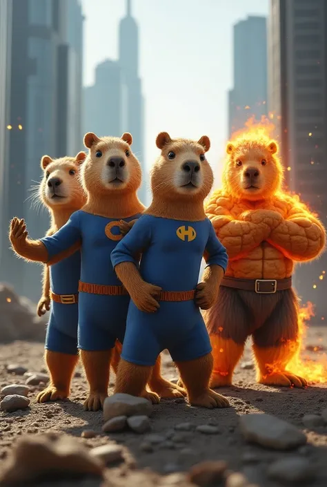 The fantastic four, each character showing their power, but instead of being human, they would be capybaras or capybaras wearing their uniforms and showing their power perhaps.