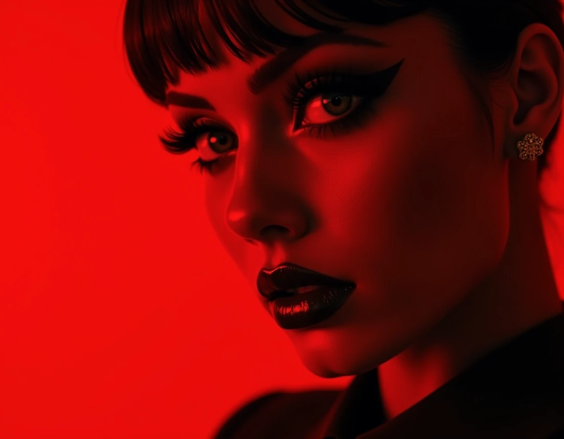 a gangster girl in a red background, detailed face, beautiful detailed eyes,beautiful detailed lips,extremely detailed eyes and face,longeyelashes, black cloth, chiaroscuro lighting, cinematic composition, 8k,best quality,4k,highres,masterpiece:1.2,ultra-d...