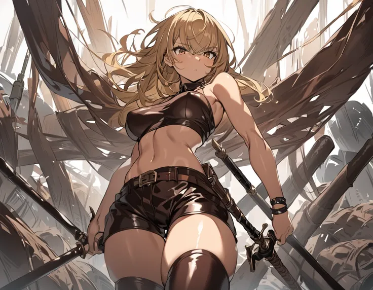 dark brown leather short shorts, dark brown leather small top, dark brown leather thigh highs, two short swords, medium boobs, perfect boobs, bright Blonde hair, sexy warrior woman