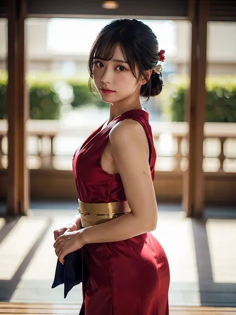 masterpiece, Best Quality,  Hi-Res, one woman,  accurate human body、Five fingers correctly,A woman in a red dress poses for a photo, realistic anime girl rendering, Graceful and charming geisha ,8k, Beautiful woman,Even and soft lighting, Shadows are minim...