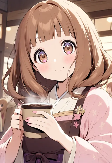  A young girl is holding a cup of coffee in her hand,  girl cute-face , Cute natural anime face,  with a cute - exquisite - face , sakimi-chan, Chiho, Yoshitomo Nara, Young and cute face,  Beautiful Japanese girl face  , brown hair and large eyes, cute kaw...