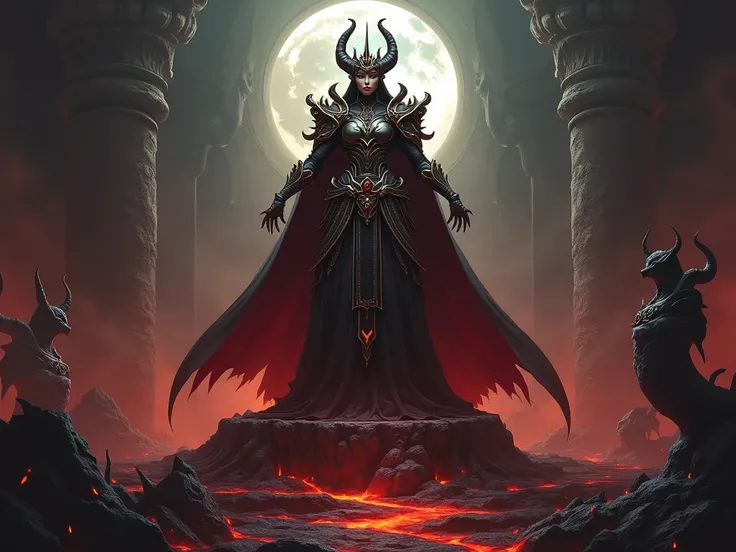 Queen of the Underworld, adorned in ancient, infernal regalia, standing atop a twisted throne of dark obsidian. Her expression fierce and commanding, her presence casting a powerful aura of fear and majesty. Her realm is a haunting landscape filled with sw...