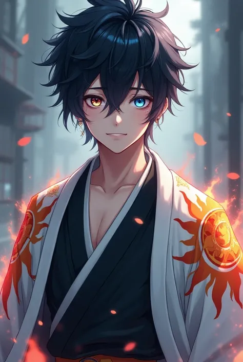 18-year-old young man with black hair and split blue eyes , wearing Demon Slayer Corps clothes with Haori open white with sun and flame prints