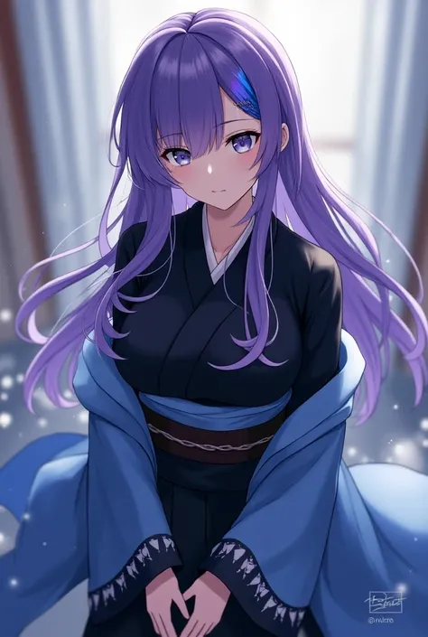 Attractive game girl with purple long hair 、 
Turn a section of the side of the bangs blue.　
 blue highlights on the side of her bangs 　Part of the bangs is blue　　 blue kimono with white triangular pattern on the cuffs　Light blue kimono coat
black hakama a...