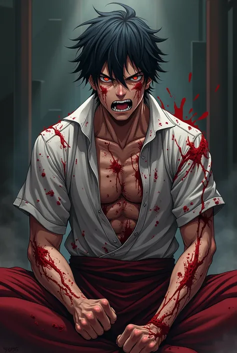 Male anime character about to faint while bleeding Jujutsu Kaisen style