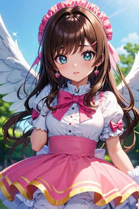 A beautiful girl in a Sakura Card Captor cosplay jumping in the park, anime girl, light pink headwear, frills, light pink dress, puffy short sleeves, white gloves, pink bow on the chest, white high socks, pink lolita shoes, white wings, white panties, big ...