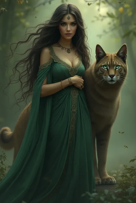  A magical and powerful woman Goddess with very long wavy dark hair ,  brown eyes, He knew , Connected to nature and wealth With a big cat , Guardian, Protector, like a God in gray with green eyes  