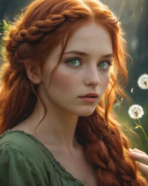 Young and beautiful woman,  green eyes, Redhead,  long hair ,  a little braided ,  blowing a dandelion flower with your breath,  eletitflrsh ,  let it bloom , ,  Radiation , flores, lightning, atmospheric, scale, order, healing , luz, esperanza, calmnte, c...