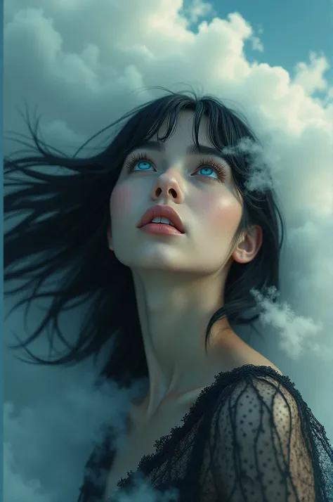 Create the image of a woman with fringed black hair and blue eyes, looking at the sky 