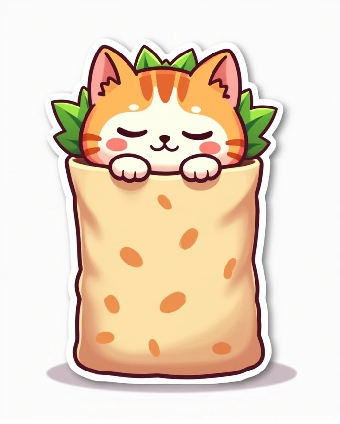 Pastel Kawaii sticker of a sleepy cat peeking out of a burrito.