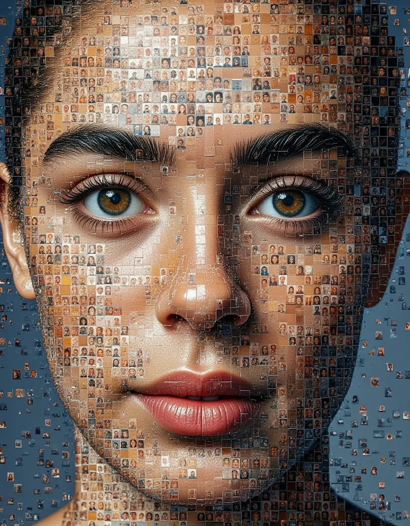 create an ultra-realistic portrait made up of many small photos of the same size, like a mosaic. each photo should be unique, bu...