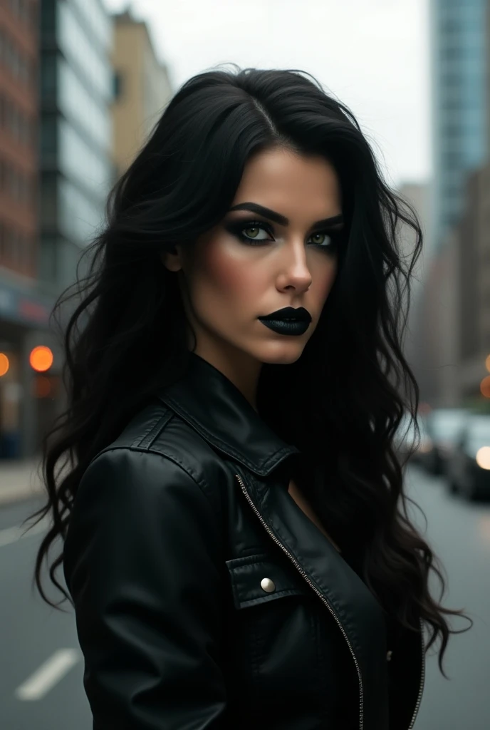 Create a woman with wavy and voluminous black hair with the long length below the breast without bangs,  green-eyed, pele morena, dark makeup and black lipstick  , Rocker style, using a jacket ,  in a big city on a cloudy day  .  perfect face, , realistic