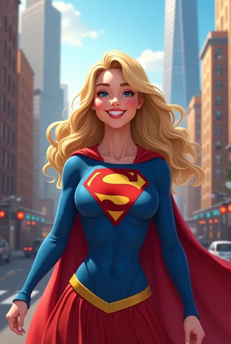 Supergirl is very happy  and  is in the city