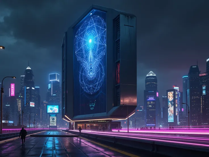 High tech futuristic building on dark background,Birr County is lined up, futuristic background concept 3D dark city cyberspace with lots of blue and purple lights