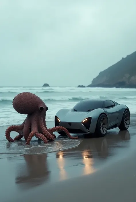 "An octopus-inspired amphibious car and a real octopus facing each other at the edge of a coastal shore, as if curiously observing one another. The car has a sleek, rounded metallic body with retractable tentacle-like features on its sides, designed to mim...