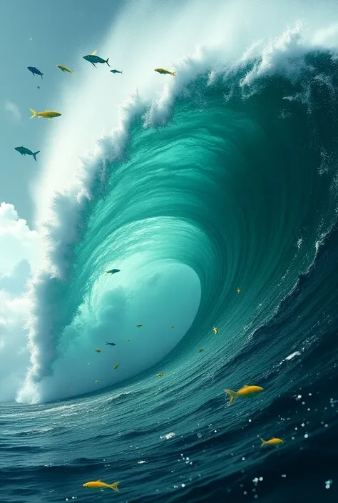  A huge emerald wave spins into a crest with sea foam, and it has blue and goldfish 