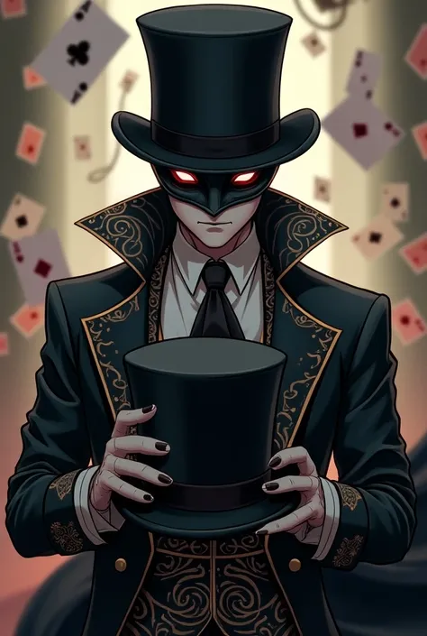 Anime man, holding a flat top hat, wearing a mask covers the entire face, fancy clothes, with cards in background.