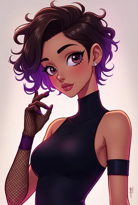 ((art animation 2D))  20 year old woman with brown hair cut in a curly pixie shape with the ends dyed purple, brown eyes, with good body, wearing a black top and net gloves 