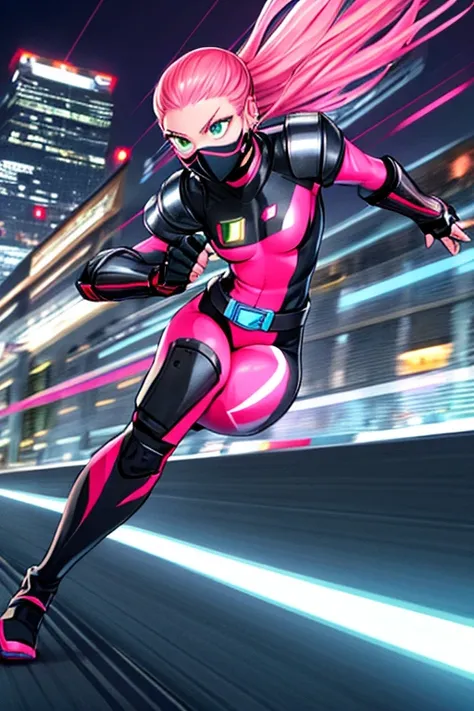 ((best quality)), ((masterpiece)), (detailed), 1 girl, full body, 20s, young adult, masked, black mask covering her mouth, smooth head, pink motorcycle helmet, motorcycle helmet with black details, flashlight on her forehead, short pink hair coming out of ...