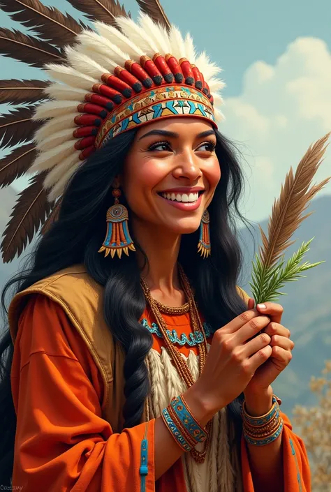 Drawing of a smiling indigenous woman with a feathered headdress on her head with an indigenous rattle in her right hand and a herb in her hand