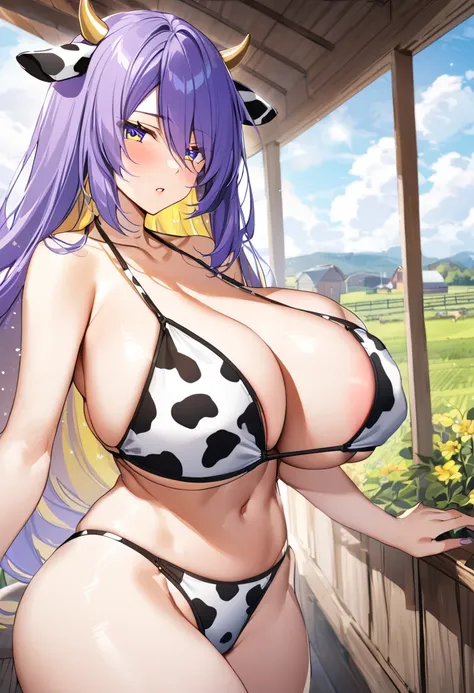 Wide hips,huge breast,round breast,long purple hair,concern,look at viewer,moona hoshinova,indoor,yellow inner hair,cow print bikini,outdoor,farm