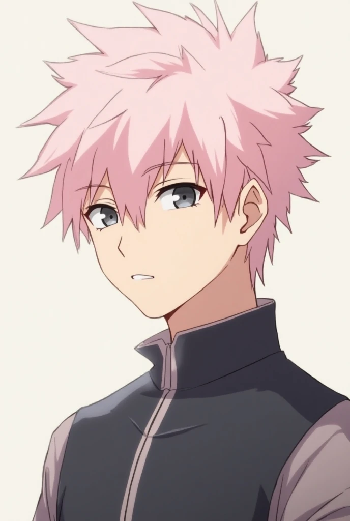 a male anime character with Borutos anime art style, with light pink hair, Sasukes hairstyle, and black eyes. Facing the camera, with a neutral expression, and Borutos anime art style