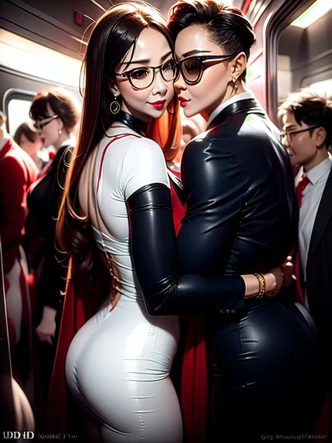 A sexy woman wearing a revealing uniform, her elderly husband hugged and kissed her from behind in the crowded crowd, UHD, masterpiece, textured skin, super detail, best quality, 8k.