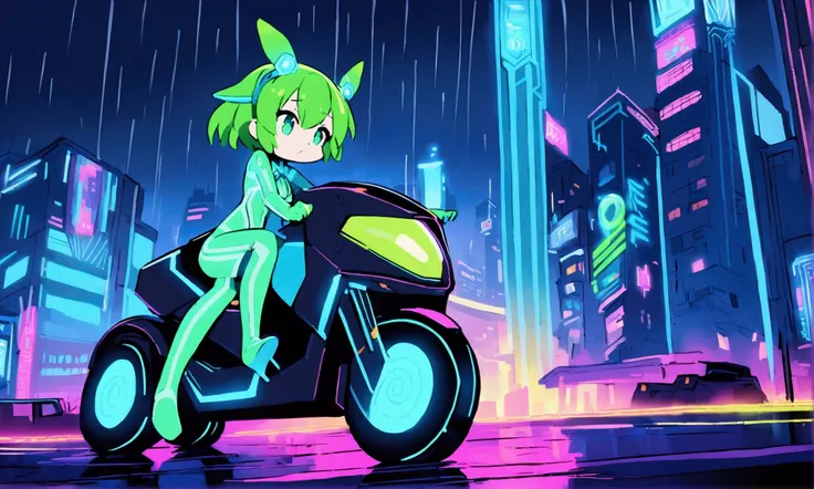 a cute woman in Tron world (cute, age 25, green neon high light sexy body suit, riding a Tron light cycle) is hurrying to a blue neon building on a Tron neon lit street at night. busy Tron city in rain
