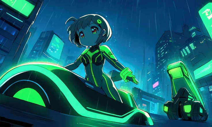 a cute woman in Tron world (cute, age 25, green neon high light sexy body suit, riding a Tron light cycle) is hurrying to a blue neon building on a Tron neon lit street at night. busy Tron city in rain
