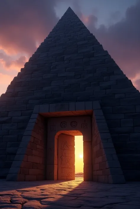 Pyramid Entrance at Dusk:
A large, mysterious entrance carved into the base of a pyramid at dusk. The sky is tinged with purples and oranges from the setting sun, casting long shadows across the entrance. Ancient symbols are carved into the stones around t...